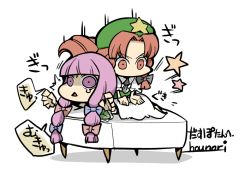 Rule 34 | 2girls, chibi, chinese clothes, female focus, hat, hong meiling, hounori, long hair, lying, massage, mukyuu, multiple girls, patchouli knowledge, purple hair, red hair, embodiment of scarlet devil, touhou, white background