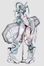 Rule 34 | 1girl, baggy socks, bandaged chest, bandaged leg, bandages, breasts, coffin, colored skin, double bun, frilled bonnet, from below, full body, green hair, grey background, grey skin, hair bun, highres, holding, holding clothes, holding underwear, jacket, kneehighs, looking at viewer, looking down, mamiya miya, medium breasts, nail polish, navel, off shoulder, open clothes, open jacket, open mouth, original, pale skin, panties, revealing clothes, ribbon hair ornament, short hair, simple background, socks, solo, standing, stitched face, stitched leg, stitched torso, stitches, stomach, string panties, tongue, tongue out, underboob, underwear, white footwear, zombie