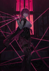Rule 34 | 1girl, absurdres, black footwear, black jacket, black shorts, boots, breasts, collared shirt, cotta (heleif), dress shirt, eyewear on head, gloves, grin, high-waist shorts, highres, honkai: star rail, honkai (series), jacket, jacket on shoulders, jewelry, kafka (honkai: star rail), katana, large breasts, long hair, long sleeves, looking at viewer, pantyhose, pantyhose under shorts, ponytail, purple eyes, purple gloves, purple hair, purple pantyhose, ring, round eyewear, shirt, shorts, sidelocks, smile, solo, string, sunglasses, sword, thigh boots, thighs, thread, weapon, white shirt