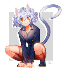 Rule 34 | 1other, :3, animal ears, arm support, blue footwear, blue hair, blue jacket, brown eyes, brown shorts, brown socks, cat ears, cat girl, cat tail, closed mouth, collarbone, commentary request, doll joints, full body, grey background, hair between eyes, hunter x hunter, jacket, joints, kneehighs, long sleeves, looking at viewer, m/g, neferpitou, other focus, outline, ribbed shorts, shoes, short hair, shorts, signature, slit pupils, socks, solo, squatting, striped clothes, striped socks, tail, tail raised, two-tone background, vertical-striped clothes, vertical-striped socks, wavy hair, white background, white outline