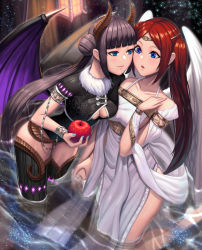 Rule 34 | 2girls, :o, absurdres, angel, angel and devil, apple, bad id, bad pixiv id, bare shoulders, barefoot, black legwear, black leotard, black wings, blue eyes, blue nails, blunt bangs, blush, bracelet, breasts, brown hair, circlet, cleavage, cleavage cutout, clenched hand, closed mouth, clothing cutout, collarbone, commentary request, demon girl, demon wings, dress, eye contact, face-to-face, feathered wings, female focus, floral print, food, fruit, fur collar, hair bun, half-closed eyes, hand on own shoulder, hand up, highres, holding, holding food, holding fruit, holding hands, horns, interlocked fingers, jewelry, kneeling, lantern, leaning, leaning forward, leotard, light particles, lips, long dress, long hair, looking at another, medium breasts, moonandmist, multiple girls, nail polish, neck, off-shoulder dress, off shoulder, one side up, original, print dress, purple wings, shiny skin, short sleeves, side slit, sidelocks, single hair bun, smile, thighhighs, twintails, very long hair, water, white dress, white wings, wings, yuri