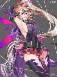 Rule 34 | 1girl, alisha diphda, armpits, bare shoulders, black choker, black hair, black thighhighs, breasts, choker, flower, hair flower, hair ornament, highres, large breasts, long hair, mitsugu, multicolored hair, purple eyes, purple hair, sideless outfit, solo, symonne (tales), tales of (series), tales of zestiria, thighhighs, twintails, two-tone hair