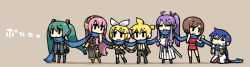 Rule 34 | 3boys, 4girls, blue scarf, brown background, chan co, chibi, copyright name, hatsune miku, holding hands, kagamine len, kagamine rin, kaito (vocaloid), kamui gakupo, long image, megurine luka, meiko (vocaloid), miniskirt, multiple boys, multiple girls, scarf, shared clothes, shared scarf, simple background, skirt, standing, strangling, thighhighs, vocaloid, wide image