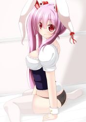 Rule 34 | 1girl, animal ears, ass, bad id, bad pixiv id, black panties, breasts, chimunge, corset, female focus, hair in own mouth, highres, large breasts, long hair, no pants, panties, purple hair, rabbit ears, rabbit girl, rabbit tail, red eyes, reisen udongein inaba, sitting, solo, tail, thighhighs, touhou, underwear, very long hair, wariza, white thighhighs