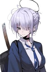 1girl bags_under_eyes black_choker blue_cardigan blue_necktie cardigan choker grey_eyes grey_halo hair_ornament hair_stick halo haskyyyyy1 highres itokonoue_kaoru loose_hair_strand loose_necktie necktie open_collar project_kv solo sword upper_body weapon weapon_behind_back weapon_on_back