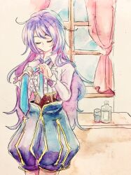 Rule 34 | 1girl, adjusting clothes, blue necktie, center frills, clorica (rune factory), closed eyes, collared shirt, frilled sleeves, frills, highres, long hair, long sleeves, necktie, puffy shorts, purple hair, rune factory, rune factory 4, shirt, shorts, solo, tigusan520, very long hair