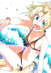 Rule 34 | 1girl, :d, aqua eyes, barefoot, bikini, blonde hair, bracelet, breasts, check commentary, collarbone, commentary, commentary request, fang, fate/apocrypha, fate/grand order, fate (series), front-tie bikini top, front-tie top, hair intakes, jewelry, looking at viewer, medium breasts, mordred (fate), mordred (fate/apocrypha), navel, open mouth, orange bikini, ponytail, ribs, side-tie bikini bottom, simple background, skin fang, smile, solo, surfing, swimsuit, tsuru (clainman), type-moon, water, water drop, white background