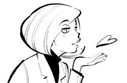 Rule 34 | 1girl, ann possible, blowing kiss, disney, female focus, heart, kim possible (series), lab coat, lips, looking at viewer, lowres, mature female, monochrome, ramb chop, short hair, simple background, solo, turtleneck, white background