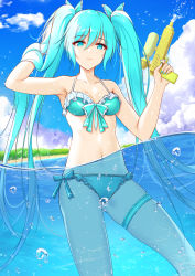 Rule 34 | 1girl, air bubble, aqua bikini, aqua eyes, aqua hair, armpits, bare shoulders, bikini, blue sky, breasts, bubble, cloud, collarbone, commentary, day, expressionless, eyes visible through hair, flan (seeyouflan), frilled bikini, frills, front-tie bikini top, front-tie top, hair between eyes, halterneck, hand in own hair, hatsune miku, highres, long hair, looking at viewer, medium breasts, navel, ocean, outdoors, partially submerged, partially underwater shot, side-tie bikini bottom, sky, solo, swimsuit, thigh strap, twintails, underwater, very long hair, vocaloid, wading, water, water gun