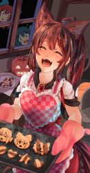 Rule 34 | 3girls, alternate hairstyle, animal ears, apron, baking, baking sheet, blue hair, brooch, brown hair, checkered apron, checkered clothes, closed eyes, cookie, disembodied head, dress, extra ears, fang, floating head, food, hair between eyes, halloween, high ponytail, highres, imaizumi kagerou, indoors, jack-o&#039;-lantern, jewelry, kagami toufu, long hair, looking at another, looking inside, medium hair, multiple girls, open mouth, oven mitts, pumpkin, red hair, sekibanki, sleeves rolled up, smile, solo focus, steam, tail, touhou, wakasagihime, window, wolf ears, wolf girl, wolf tail