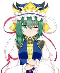 Rule 34 | 1girl, balance scale, blue hat, closed mouth, epaulettes, frilled hat, frills, green eyes, green hair, hat, highres, long sleeves, one eye closed, rod of remorse, seo haruto, shiki eiki, simple background, solo, touhou, upper body, weighing scale, white background, wide sleeves