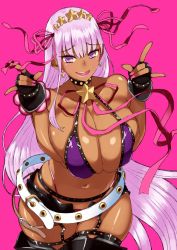 Rule 34 | 1girl, bb (fate), bb (fate) (all), bb (swimsuit mooncancer) (fate), bb (swimsuit mooncancer) (second ascension) (fate), belt, bikini, breasts, cleavage, collar, commentary request, earrings, fate/grand order, fate (series), fingerless gloves, gloves, gyaru, hair ribbon, highres, huge breasts, jewelry, komusou (jinrikisha), lipstick, long hair, looking at viewer, makeup, micro shorts, nail polish, navel, open mouth, pink background, purple bikini, purple eyes, purple hair, ribbon, round teeth, shorts, smile, solo, studded collar, swimsuit, tan, teeth, thighhighs, thighs, very long hair
