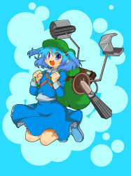 Rule 34 | 1girl, :d, absurdres, backpack, bag, blue background, blue eyes, blue footwear, blue hair, blue shirt, blue skirt, blush, boots, breasts, collared shirt, commentary request, flat cap, frilled shirt collar, frills, full body, green hat, hair bobbles, hair ornament, hat, highres, iwaserie, jumping, kawashiro nitori, long sleeves, looking at viewer, mechanical arms, medium hair, o-ring, open mouth, rubber boots, shirt, skirt, skirt set, small breasts, smile, solo, touhou, two side up