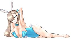Rule 34 | 1girl, animal ears, arm behind head, arm up, armpits, asuna (blue archive), barefoot, blue archive, blue eyes, breasts, cleavage, fake animal ears, feet, graham mk2, grin, hair over one eye, highres, long hair, looking at viewer, playboy bunny, rabbit ears, smile, solo, sweat, toes
