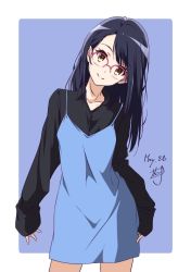 Rule 34 | 1girl, arms at sides, black shirt, blue dress, blue hair, brown eyes, closed mouth, collarbone, dated, dress, head tilt, highres, long hair, long sleeves, looking at viewer, nii manabu, original, outside border, shirt, signature, simple background, smile, solo, split mouth