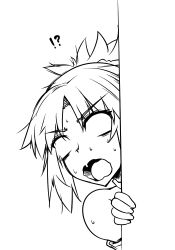 Rule 34 | !?, 1girl, around corner, blank eyes, fate/grand order, fate (series), greyscale, monochrome, mordred (fate), mordred (fate/apocrypha), simple background, surprised, sweat, nervous sweating, takuteks, wavy mouth, white background
