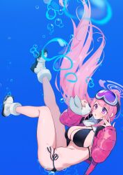 Rule 34 | 1girl, air bubble, ass, bikini, black bikini, blue archive, blue background, blush, breasts, bubble, cleavage, eimi (blue archive), eimi (swimsuit) (blue archive), full body, goggles, goggles on head, halo, highres, large breasts, long hair, looking at viewer, official alternate costume, parted lips, pink eyes, pink hair, pink halo, simple background, solo, swimsuit, very long hair, yuura