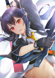 Rule 34 | 1girl, absurdres, arknights, arm up, bad anatomy, bad id, bad pixiv id, black gloves, black jacket, blue hair, ch&#039;en (arknights), commentary request, dragon horns, dual wielding, fingerless gloves, gloves, highres, holding, holding sword, holding weapon, horns, jacket, koi0806, long hair, looking at viewer, midriff, navel, necktie, open clothes, open jacket, open mouth, partial commentary, red eyes, shirt, solo, stomach, sword, upper body, weapon, white shirt, yellow necktie