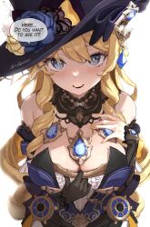 Rule 34 | 1girl, absurdres, artist name, bare shoulders, black gloves, blonde hair, blue dress, blue eyes, blush, breasts, cleavage, clothes pull, commentary, detached sleeves, dress, drill hair, english commentary, english text, flower, genshin impact, gloves, hat, hat flower, highres, jewelry, korean commentary, large breasts, long hair, looking at viewer, mixed-language commentary, mole, mole on breast, navia (genshin impact), open mouth, paid reward available, pendant, rose, simple background, solo, speech bubble, twitter username, upper body, vitashogun, white background