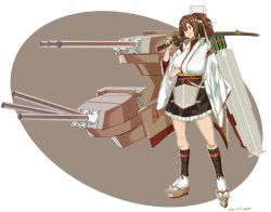 Rule 34 | 1girl, absurdres, attyon, black skirt, breasts, brown hair, full body, geta, hachimaki, hair ribbon, headband, highres, holding, holding sword, holding weapon, ise (kancolle), ise kai ni (kancolle), kantai collection, large breasts, looking to the side, machinery, nontraditional miko, ponytail, red ribbon, ribbon, sheath, sheathed, short hair, skin tight, skirt, solo, sword, turret, undershirt, weapon, wide sleeves