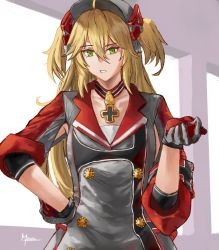Rule 34 | 1girl, :o, admiral hipper (azur lane), ai-bon, artist name, azur lane, blonde hair, breasts, cross, gloves, green eyes, grey gloves, hair ornament, hand on own hip, iron cross, jewelry, long hair, looking at viewer, mole, mole under eye, necklace, simple background, small breasts, solo, uniform, upper body