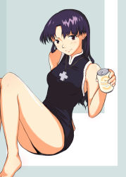Rule 34 | 1girl, absurdres, alcohol, ass, beer, beer can, black dress, blue background, blush, breasts, brown hair, can, cross, crucifix, dress, drink can, earrings, highres, jewelry, katsuragi misato, long hair, looking at viewer, medium breasts, necklace, neon genesis evangelion, purple hair, sitting, sleeveless, smile, thick thighs, thighs, tux2