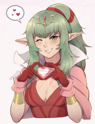 Rule 34 | 1girl, absurdres, breasts, cape, cleavage, evomanaphy, finger heart, fire emblem, fire emblem awakening, gloves, green eyes, green hair, heart, high collar, highres, jewelry, looking at viewer, necklace, nintendo, one eye closed, pink cape, pointy ears, ponytail, red gloves, red neckwear, red shirt, shirt, smile, speech bubble, spoken heart, tiki (fire emblem)