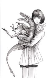 Rule 34 | 1girl, animal, black hair, blunt bangs, claws, closed mouth, expressionless, feathered dinosaur, feathered wings, highres, hiromumaru, holding, holding animal, hood, hood down, hoodie, looking at viewer, monochrome, open mouth, original, print shirt, sharp teeth, shirt, short hair, simple background, standing, talons, teeth, tongue, velociraptor, white background, wings