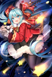 Rule 34 | 1girl, :d, aqua eyes, aqua hair, black pantyhose, black skirt, blush, bow, bridal gauntlets, christmas, commentary request, douya (233), fang, fur trim, hair bow, hatsune miku, hood, hood down, hooded jacket, jacket, legs up, long hair, long sleeves, looking at viewer, open clothes, open jacket, open mouth, pantyhose, red bow, red footwear, red jacket, shoes, sidelocks, skirt, smile, solo, star (symbol), striped, striped bow, twintails, very long hair, vocaloid, wide sleeves