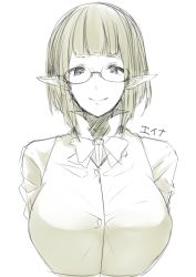 Rule 34 | 10s, 1girl, bow, bowtie, breasts, character name, dungeon ni deai wo motomeru no wa machigatteiru darou ka, eina tulle, female focus, glasses, large breasts, looking at viewer, monochrome, pointy ears, short hair, simple background, smile, solo, touki (tsuitta), upper body, vest, white background, yellow theme