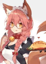 Rule 34 | 1girl, alternate hairstyle, animal ear fluff, animal ears, animal hands, apron, bell, blush, breasts, cat paws, cleavage, closed mouth, collar, commentary, commentary request, fate/grand order, fate (series), food, fox ears, fox girl, fox tail, glasses, gloves, jingle bell, ketchup, large breasts, looking at viewer, looking to the side, maid headdress, muryotaro, neck bell, omelet, paw gloves, pink hair, plate, simple background, solo, tail, tamamo (fate), tamamo cat (fate), tongue, twintails, white background, yellow eyes