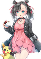 Rule 34 | 1girl, asymmetrical bangs, black hair, black jacket, black nails, breasts, creatures (company), dress, earrings, game freak, gen 8 pokemon, green eyes, hair ribbon, highres, holding, holding poke ball, jacket, jewelry, long sleeves, looking at viewer, marnie (pokemon), morpeko, morpeko (full), mutang, nail polish, nintendo, open clothes, open jacket, parted lips, pink dress, poke ball, poke ball (basic), pokemon, pokemon (creature), pokemon swsh, red ribbon, ribbon, signature, simple background, sleeves past wrists, small breasts, twintails, white background