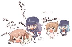 Rule 34 | 10s, 4girls, aged down, akatsuki (kancolle), alternate costume, alternate hairstyle, anchor symbol, ass, black hair, blue eyes, brown hair, closed eyes, comic, commentary request, crying, diaper, dress, fang, flat cap, folded ponytail, gale kawaii, hair ornament, hair ribbon, hairclip, hat, hibiki (kancolle), ikazuchi (kancolle), inazuma (kancolle), kantai collection, long hair, long sleeves, multiple girls, neckerchief, ponytail, red eyes, red ribbon, ribbon, sailor collar, sailor dress, short hair, silver hair, simple background, skin fang, tears, translated, tress ribbon, wavy mouth, white background