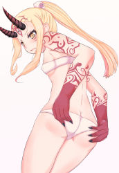 Rule 34 | 1girl, absurdres, ass, blonde hair, bra, breasts, claws, fate/grand order, fate (series), female focus, hadokeso, highres, horns, ibaraki douji (fate), long hair, oni, oni horns, panties, ponytail, simple background, small breasts, solo, standing, underwear, white bra, white panties, yellow eyes