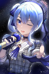 Rule 34 | 1girl, beret, blue eyes, blue gloves, blue hair, blue necktie, buttons, choker, crown, gloves, grey hat, hair between eyes, hat, highres, holding, holding microphone, hololive, hoshimachi suisei, hoshimachi suisei (1st costume), microphone, music, necktie, one eye closed, partially fingerless gloves, singing, sky, snozaki, solo, star (sky), star (symbol), starry sky, symbol-shaped pupils, virtual youtuber