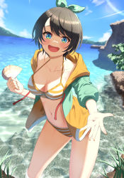 Rule 34 | 1girl, :d, aqua hairband, bikini, black hair, blue eyes, blue sky, bowsan, breasts, cleavage, cloud, collarbone, commentary request, day, green jacket, hairband, highres, holding, holding shell, hololive, jacket, looking at viewer, medium breasts, multicolored clothes, multicolored jacket, navel, ocean, oozora subaru, oozora subaru (hololive summer 2019), open clothes, open jacket, open mouth, orange bikini, orange jacket, outdoors, parted bangs, polka dot, polka dot hairband, shell, short hair, sky, smile, solo, standing, striped bikini, striped clothes, swimsuit, teeth, thighs, upper teeth only, virtual youtuber