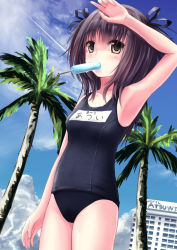 Rule 34 | 1girl, bad id, bad pixiv id, black eyes, black hair, food, long hair, missile228, mouth hold, one-piece swimsuit, original, popsicle, school swimsuit, solo, swimsuit