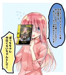Rule 34 | 1girl, averting eyes, blue background, blue eyes, bocchi the rock!, book, border, commentary request, covering face, eyes visible through hair, flying sweatdrops, gotoh hitori, hair over eyes, hamazi aki, hands up, highres, holding, holding book, jacket, long hair, looking to the side, manga (object), nervous, nervous smile, nervous sweating, official art, open mouth, pink hair, pink jacket, polka dot, polka dot background, shaded face, sideways glance, simple background, sleeves past elbows, smile, solo, speech bubble, sweat, track jacket, translation request, upper body, white border