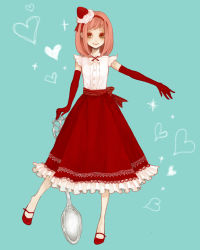 Rule 34 | 1girl, aqua background, aqua eyes, bow, bowtie, clona, commentary request, elbow gloves, food, food on head, frilled skirt, frills, fruit, full body, gloves, hair ribbon, heart, object on head, original, outstretched hand, oversized object, pink hair, red footwear, red gloves, red skirt, ribbon, shirt, shoes, short sleeves, simple background, skirt, smile, solo, sparkle, standing, standing on one leg, strawberry, whipped cream