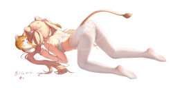 Rule 34 | 1girl, absurdres, animal ears, artist name, ass, bare arms, bare shoulders, bigxixi, bow, bra, breasts, cat, commentary, feet, food print, full body, hair ribbon, hair rings, highres, indoors, lion ears, lion girl, lion tail, medium breasts, no shoes, original, panties, panties under pantyhose, pantyhose, photoshop (medium), pink bow, print panties, ribbon, signature, simple background, soles, solo, strawberry panties, strawberry print, tail, top-down bottom-up, twintails, underwear, white background, white bra, white pantyhose
