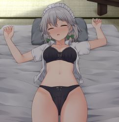 Rule 34 | 1girl, black bra, black panties, blush, bow, bow bra, bow panties, bra, braid, breasts, closed eyes, commentary request, futon, green bow, grey hair, hair between eyes, hair bow, highres, izayoi sakuya, lace, lace-trimmed bra, lace trim, lying, maid, maid headdress, medium breasts, miyo (ranthath), navel, no pants, on back, open clothes, open mouth, open shirt, panties, pillow, shirt, short hair, short sleeves, side braids, sleeping, solo, stomach, tatami, touhou, twin braids, underwear, white shirt, wing collar