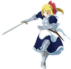 Rule 34 | 1girl, :&lt;, apron, armor, blonde hair, blue eyes, blush, blush stickers, bow, breastplate, couter, dress, female focus, gauntlets, greaves, hair bow, highres, kirio (ccr00235), long hair, no nose, ponytail, scabbard, shanghai doll, sheath, simple background, solo, standing, standing on one leg, sword, touhou, weapon, white background