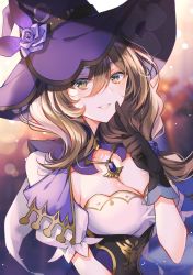 Rule 34 | 1girl, blush, breasts, brown hair, capelet, cleavage, dress, genshin impact, green eyes, hat, hat belt, highres, lisa (genshin impact), long hair, looking at viewer, multicolored clothes, multicolored dress, myusha, purple capelet, purple hat, smile, solo, witch hat
