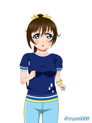 Rule 34 | 1girl, :o, absurdres, aqua eyes, aqua pants, artist name, artist request, blue eyes, blue pants, blue shirt, blush, bow, breasts, brown hair, clenched hands, collarbone, female focus, hair between eyes, hair bow, high ponytail, highres, long hair, looking at viewer, love live!, love live! nijigasaki high school idol club, love live! school idol festival, osaka shizuku, pants, parted lips, ponytail, shirt, short sleeves, small breasts, smile, solo, white background, wristband, yellow bow, yellow wristband
