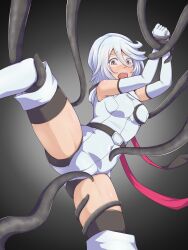Rule 34 | 1girl, absurdres, blush, bound, bound wrists, breasts, brown eyes, crotch, highres, imminent rape, large breasts, leotard, momijiyama teru, niboccc, restrained, short hair, shy (character), shy (series), spread legs, tentacles, white hair, white leotard