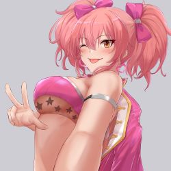 Rule 34 | 1girl, armlet, bare shoulders, blush, bow, breasts, closed mouth, demio, earrings, eyelashes, grey background, hair between eyes, hair bow, heart, heart earrings, highres, idolmaster, idolmaster cinderella girls, jacket, jacket on shoulders, jewelry, jougasaki mika, large breasts, long hair, looking at viewer, one eye closed, outstretched arm, pink hair, pink jacket, selfie, simple background, smile, solo, tongue, tongue out, twintails, w, yellow eyes