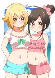 &gt;:) 2girls :3 absurdres bare_arms bare_shoulders bikini bikini_skirt black_hair blonde_hair blue_sky blush breasts carrot_summer cleavage closed_mouth cloud collarbone fingernails furrowed_brow groin hair_bun hair_flaps hand_on_another&#039;s_arm hand_on_own_hip highres hitori_bocchi hitoribocchi_no_marumaru_seikatsu medium_breasts mole mole_under_eye multiple_girls navel orange_eyes pink_bikini red_eyes single_hair_bun sky split_mouth sunao_nako swimsuit twitter_username v-shaped_eyebrows