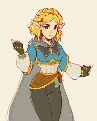 Rule 34 | 1girl, blonde hair, blue shirt, blush, breasts, brown bag, cape, fingerless gloves, gloves, hair ornament, hairclip, hand up, highres, hood, hood down, hooded cape, looking at viewer, medium breasts, nintendo, oxcoxa, pouch, princess zelda, shirt, simple background, smile, solo, the legend of zelda, the legend of zelda: tears of the kingdom, triforce print