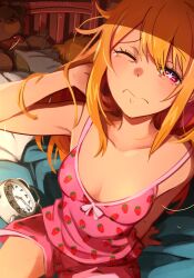 Rule 34 | 1boy, 1girl, absurdres, alarm clock, arm support, bare arms, bare shoulders, bed, blonde hair, blush, bow, breasts, brother and sister, clock, collarbone, commentary, cuffs, english commentary, food print, hair between eyes, hand in own hair, handcuffs, highres, hoshino aquamarine, hoshino ruby, implied incest, indoors, khyle., long hair, looking at viewer, medium breasts, messy hair, one eye closed, oshi no ko, pillow, pink eyes, pink shirt, pink shorts, shiny skin, shirt, short hair, shorts, siblings, sitting, sleeping, solo focus, star-shaped pupils, star (symbol), strawberry print, stuffed animal, stuffed toy, symbol-shaped pupils, tearing up, teddy bear, wavy mouth