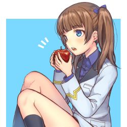 Rule 34 | 1girl, apple, black socks, blue background, blue bow, blue eyes, blue shirt, blunt bangs, blush, bow, brave witches, brown hair, commentary, dress shirt, eating, food, fruit, georgette lemare, hair bow, holding, holding food, holding fruit, jacket, light blush, long sleeves, medium hair, military, military uniform, no pants, notice lines, open mouth, outside border, shirt, sitting, socks, solo, totonii (totogoya), twintails, uniform, white jacket, wing collar, world witches series